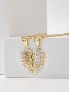 1pc Fashionable & Simple Luxury Copper Inlaid Zirconia 3D Heart & Benevolent Guadalupe Virgin Mary & Priest Pendant Necklace, Best Wishes Gift Box, Suitable For Couples, Friends, Daily & Holiday Wear, Prayer