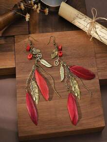 1 Pair Retro Wooden Bead & Feather Dangle Earrings, Boho Style Gold Leaf Long Earrings For Women, Holiday Gift - Natural Feathers - View 20