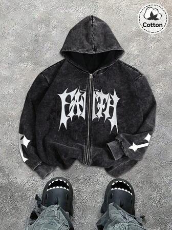 Sudadera con capucha de patrón callejero para hombres en otoño e invierno, con ajuste ligeramente elástico, lavada con agua para darle un aspecto desgastado, de algodón negro de manga larga con cremallera, chaqueta casual diaria para la temporada de vuelta al colegio