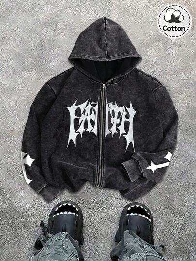 秋冬男士街头图案连帽卫衣上衣，略有弹力修身，水洗做旧棉质黑色长袖开衫拉链卫衣，休闲日常返校季外套