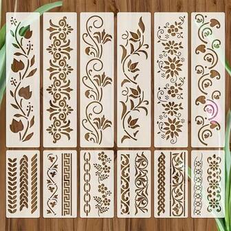 12件套优雅白色蕾丝模板套装 - 复古风格塑料模板，适用于DIY工艺品，可重复使用的花卉植物图案，非常适合家具、蛋糕装饰、帆布和木工项目。