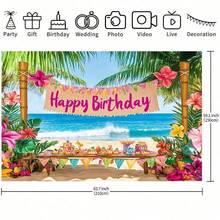 1件装热带夏威夷海滩生日派对背景布 - 以生机勃勃的棕榈树、色彩缤纷的花朵、海景和“生日快乐”横幅为特色。非常适合夏季庆祝活动、拍照道具和派对装饰，可用作派对背景、热带主题派对装饰和生日派对装饰。 - 彩色 - 查看 12