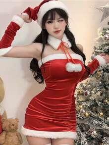 Women's Festive Santa Claus Cosplay Mini Dress Cold Shoulder Flared Hem And Slight Stretch Fabric Perfect For Holiday Events