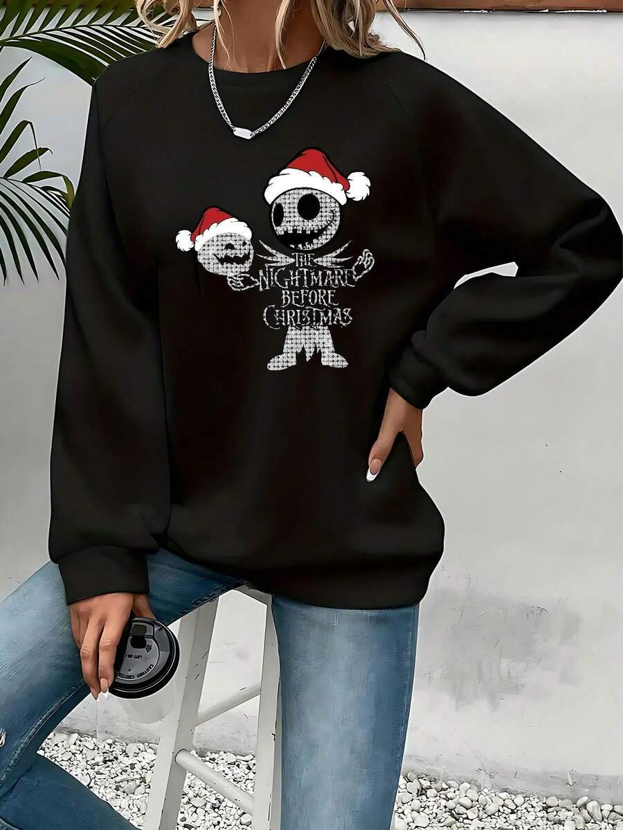 Women's Black Nightmare Before Christmas Sweatshirt -  & Sally Graphic Crewneck Pullover, Cozy Casual Winter Sweater For Fans, Machine Washable Holiday Apparel - 黑色 - 查看 1