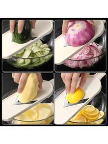 1 fatiador de vegetais multifuncional com escova, para ralar salada, repolho, cenoura, rabanete e pepino com lâmina de aço inoxidável, mandolim de vegetais portátil para salada de repolho e saladas, utensílio de cozinha fácil de usar para fatiar repolho finamente, estrutura de plástico e lâmina afiada para fatiar com eficiência, ideal para cozinhar em casa e preparar saladas.