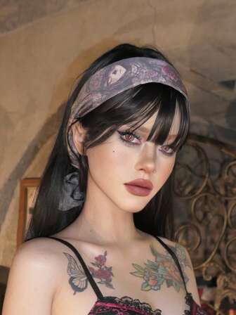 1pc Anime Character & Floral Print Polyester Necktie, Dark Goth Aesthetic, Vintage Boho Long Skinny Scarf, Versatile For Hair Tie, Headband, Neck Wrap, Waist Belt, Lightweight Infinity Scarf, All Season