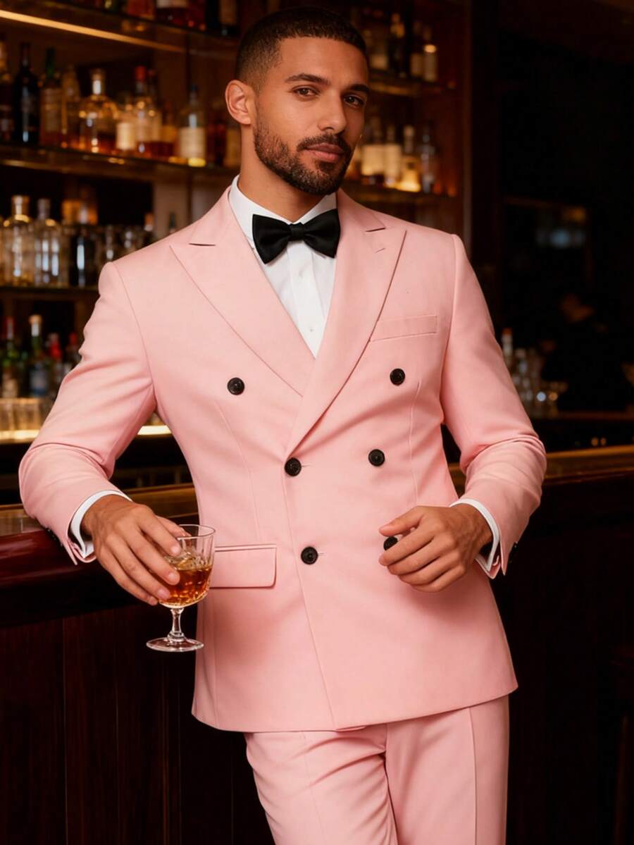 Men Suits 2 Piece Double Breasted Tuxedo Colored Formal Suits For Men - 粉色 - 查看 1