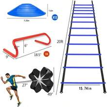 Speed And Agility Ladder Training Equipment Set Includes 12 Rung 20ft Agility Ladder 4 Agility Hurdles 12 Disc Cones 1 Resistance Parachute For Training Football Soccer Basketball Athletes - Màu xanh lam - Xem 2