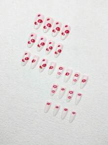 Add A Touch Of Romance With 24pcs, Press On Nails Medium, Simple Daily Routine, Nail Art,French Tip Nails, Light Pink And White Base Color, Almond Nail Tips, Red Lip Print, White Nails,Red Nails, Creative, Romantic And Sweet, Press On Nails Almond,Nail Set, Suitable For Girls And Ladies' Daily Life, Dates, Holidays, Parties, Nail Supplies+1 Piece Of Jelly Glue+1 Rubbing Strip