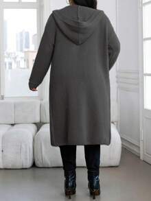 Women's Winter Coats, Women's Tops, Plus Size Cardigan, Fondi Solid Hooded Button Front Cardigan, Casual Long Sleeve Cardigan For Fall & Winter, Women's Clothing, Loose Knit Sweater For Women In Autumn/Winter, Solid Ribbed Knit Cardigan For Women, Resort Style, Autumn/Winter, Women's Winter Clothing - 深灰色 - 查看 4