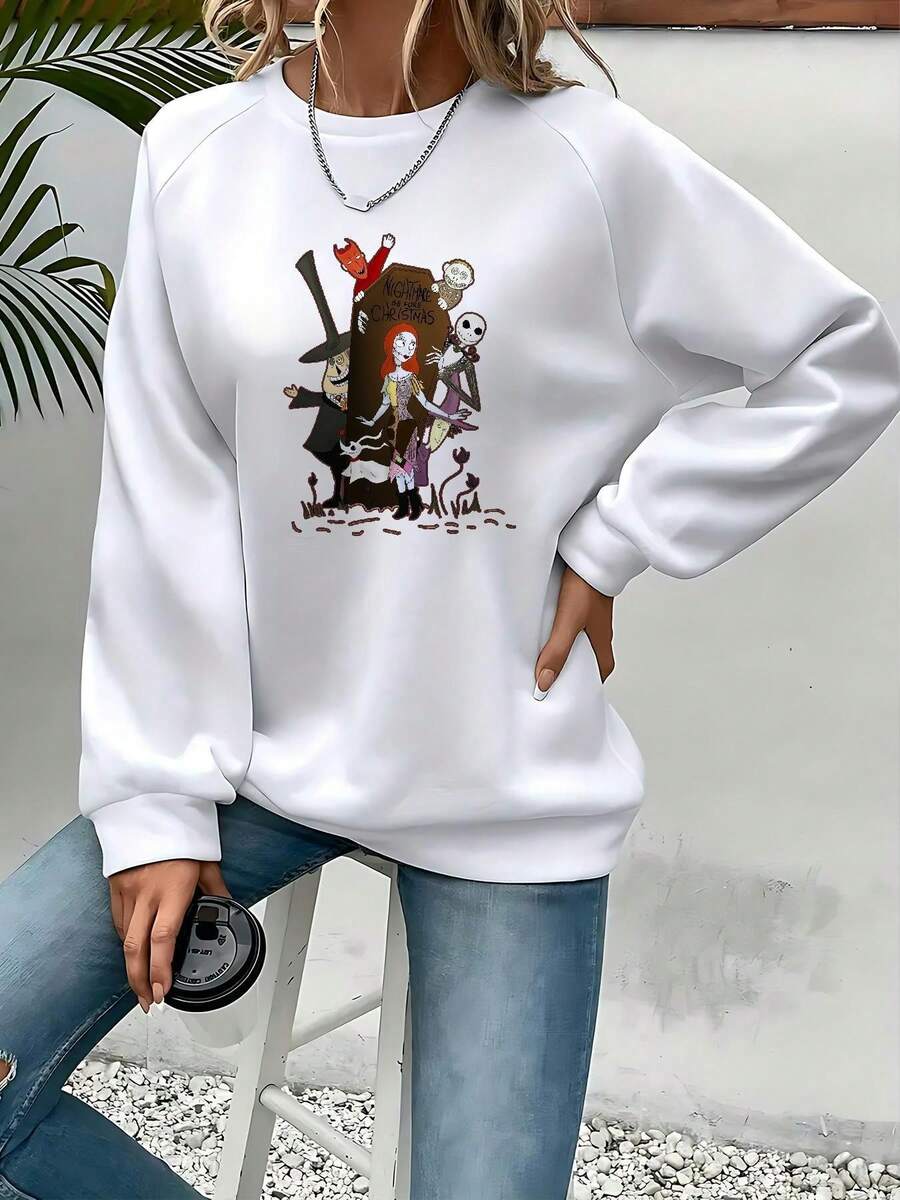 Nightmare Before Christmas Women's Sweatshirt - Tim Inspired  & Sally Graphic, Cozy Round Neck Pullover For Fall Winter, Casual & Themed Events, Machine Washable (Officially Licensed), Home Comfort Wear, Winter Outfit, Cartoon Print, Durable Material, Soft Fabric, Crewneck Top, Licensed Apparel, Halloween Lovers - White - View 1