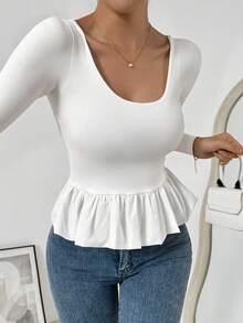 1 pieza Blusa de punto de manga larga con vuelo y diseño sencillo y elegante para mujer