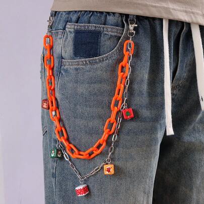 1pc Orange Acrylic Chain Christmas Element Pendant Double-Layer Pants Chain Accessory, Unique Holiday Versatile Decoration