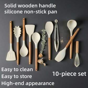 10pcs Wooden Handle Silicone Cooking Utensil Set, Non-Stick Pot Spatula, Ladle, Strainer, Cooking Spoon, Kitchen Cooking Tools