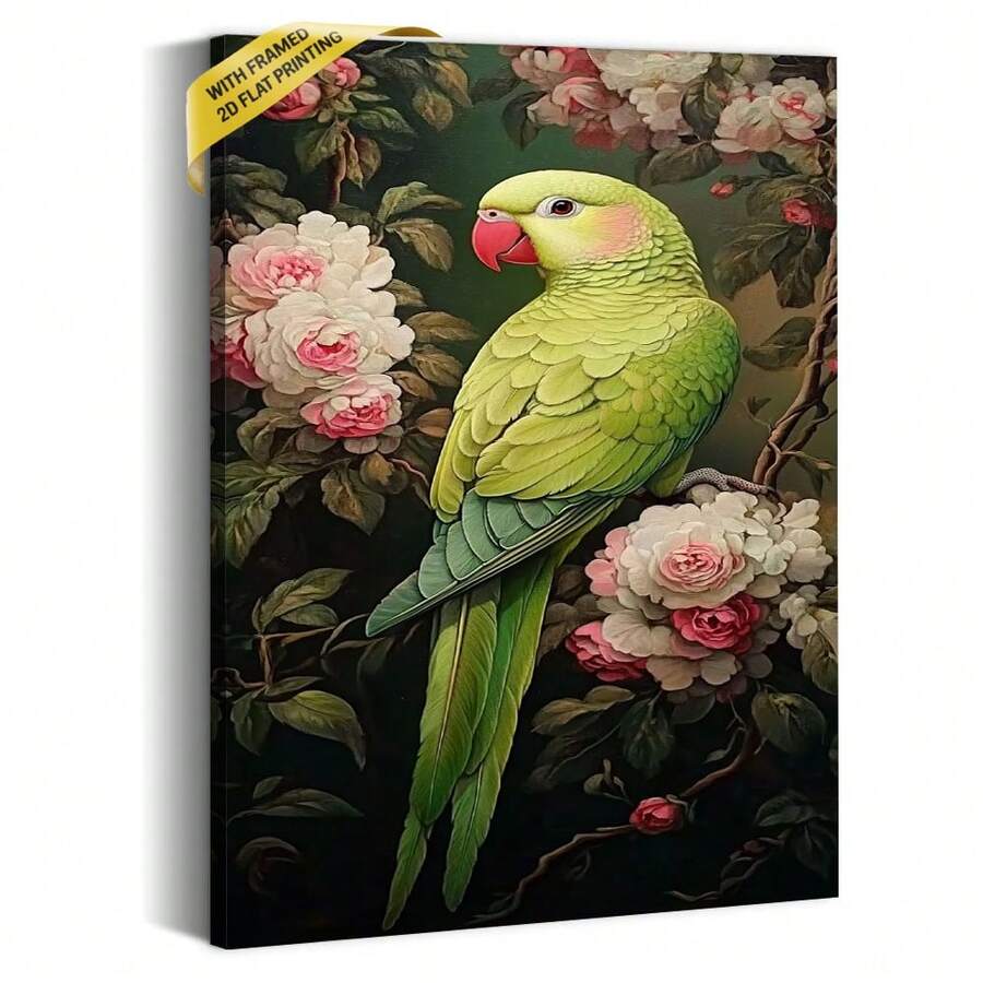 1pc Classic Canvas Painting Framed Art Print Wall Art Modern Green Parrot Picture For Home Office Bathroom Living Room Hallway Dining Room Bedroom Decor.Stretched And Framed Ready To Hang. - White - View 1