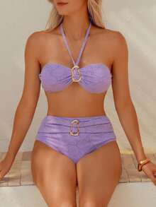 wohenmeili Women's Summer Beach Cashew Floral Print Halter Tie Sexy Bikini Swimsuit Set - Purple - View 5