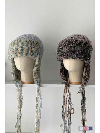 New Multicolor Tassel Braided Plush Knitted Hat, Thick Warm Earflap Beanie For Winter, Handmade Knitted Tassel Pompom Ski Cap, Cute Fuzzy Earwarmer Hat For Women, Autumn/Winter