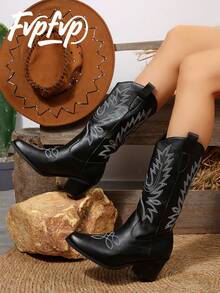 FVPFVP بوت كاوبوي غربية للسيدات، بوت طويلة، موديل ربيع وخريف 2025 الجديد، بوت ركوب ذات تطريز عتيق بتصميم صحراوي عالي الساق، بوت كاوبوي - الأسود - مشاهدة 1