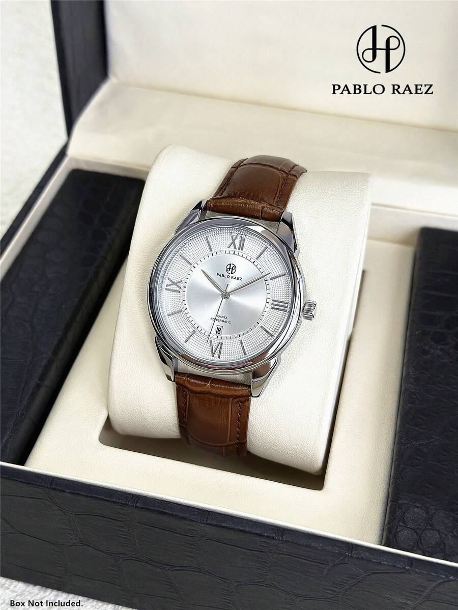 Pablo Raez Men's Casual Watch, Stylish Business Watch, Original Charming Men's Watch, Silver-Brown Case, Stainless Steel Case, Luxury Watch, Black Soft And Comfortable Microfiber Leather Strap, Roman Numeral Markers, Date Display, 50-Meter Water Resistance, New Men's Quartz Watch - 均碼 - 查看 1
