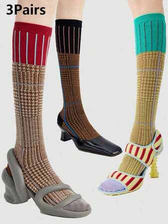 3 Pairs Retro American Style Knee-High Socks, Colorblock Houndstooth & Plaid Pattern Calf Socks, Early Autumn