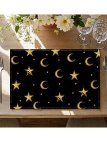 1pc/Set Linen Placemat With Star & Moon Design, Black & White, Seasonal Kitchen Dining Table Decor, Home Decor, Suitable For Party, Gathering, Family Meal - Multicolor - View 5