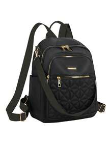 女士新款菱格纹大容量旅行时尚休闲牛津布背包 - 黑色 - 查看 7