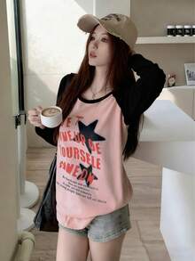 Vintage Color Block Long Sleeve T-Shirt For Women, Thin Loose Niche Raglan Sleeve Top, Autumn - Pink - View 4