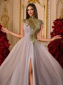 Vestido de Festa Longo de Tule com Lantejoulas Rosa Antigo de Gola Alta para Mulheres com Fenda, Vestido de Formatura Elegante, Vestido de Baile Longo Brilhante, Vestido de Gala, Roupa de Tapete Vermelho, Vestido Longo Estilo A-Line, Vestido de Convidada de Casamento, Vestido de Concurso, Roupa de Evento Formal, Vestido de Formatura, Vestido de Madrinha, Vestido de Tule para Ocasiões Especiais