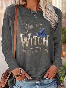 Women's Halloween Witch Letter Print 'Nightmare Before Christmas' Casual Crew Neck Long Sleeve T-Shirt Unisex Fashion Design Sports Comfort Soft Fabric Daily Casual Spring Autumn New Home Daily - Dark Grey - View 3