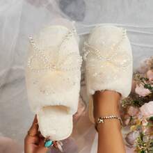Papuci de pluș cu funde de perle pentru femei, toamnă/iarnă, stil francez de mireasă, calde, sandale dulci cu blană pentru domnișoare de onoare - alb - Vizualizare 4