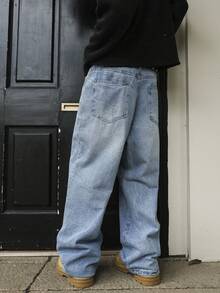 男士浅蓝色水洗宽松直筒牛仔裤，Y2K街头风美式休闲阔腿牛仔裤，四季皆宜长裤，适合送给男友或丈夫 - 藍色 - 查看 4