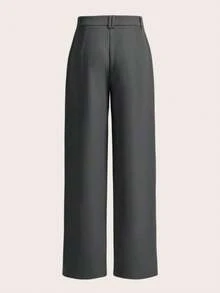 LIU ME Women's Tailored Trousers With Faux Pocket – High Waist And Wide Leg - Grey - View 2