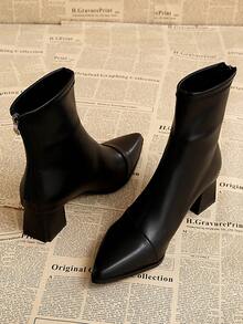 Elegant Matte Black Faux Leather Women's Ankle Boots, Pointed Toe Chunky Heel Zip-Up Slim Fit Fashion Boots, 2025 Autumn/Winter New Classic Women's Business Boots, Suitable For Street, Business, Party, Wedding, Nightclub, Masquerade Ball