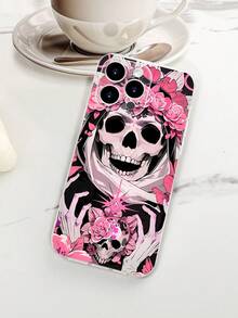 Funda de teléfono con diseño de cráneo y rosas en tono rosa, estampado con calavera adornada con flores, estilo inspirado en el Día de Muertos ideal para celebraciones festivas y uso personalizado, diseño misterioso y romántico, funda transparente, resistente a golpes, alta transparencia, compatible con iPhone17/16/15/14/13/12/11/Plus/Pro/ProMax, compatible con Galaxy A34/A35/A54/A55, Galaxy S20/S21/S22/S23/S24/S25 Ultra/Plus, compatible con Moto/Galaxy/Redmi/Honor/OPPO - transparente - Ver 7
