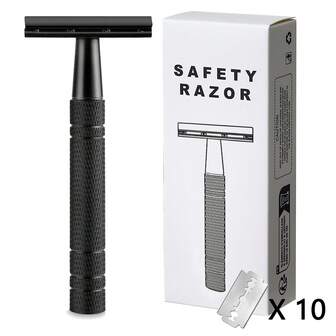 玫瑰金双刃剃须刀，配有 10 个刀片，男女通用，可重复使用，适合家庭和旅行使用。