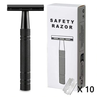 Rose Gold Double-Edge Razor With 10 Blades, Unisex, And Reusable For Home And Travel.