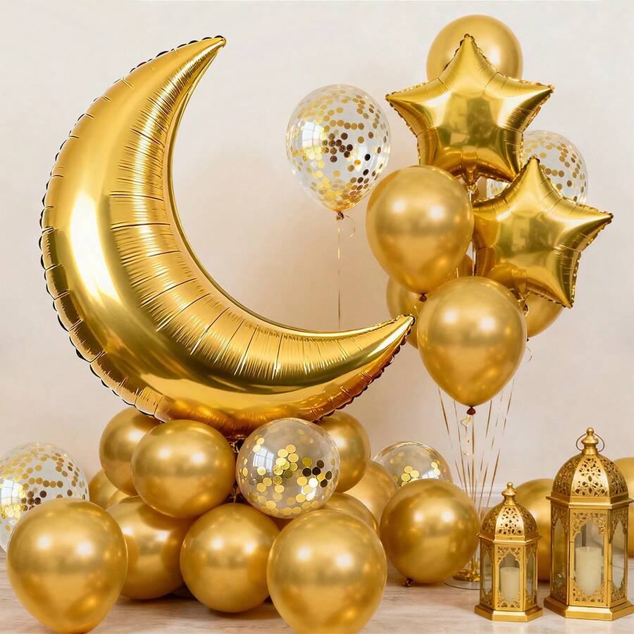 Eid Al Adha Eid Moon Star Foil Latex Balloon Bouquet Party Backdrop Decoration Set - Multicolor - View 1