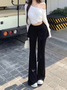 ملابس علوية قصيرة للنساء بياقة غير متماثلة، تفاصيل ملتوية، أكمام طويلة - أبيض - مشاهدة 4