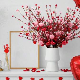 1/3/5支装心形浆果装饰签，17英寸人造情人节花卉装饰，情人节心形装饰签，适用于情人节礼物、家居、婚礼、烛光晚餐、周年纪念日装饰