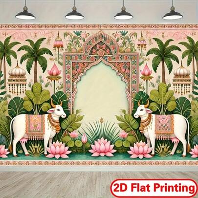 2D平面婚礼背景布，单件装 - 传统派对装饰，花卉图案，拱形窗户设计 - 充满活力的粉色和绿色背景，适用于排灯节、九夜节、摄影 - 无需用电，易于悬挂的涤纶面料装饰，适用于家居、活动、摄影 - 文化装饰、节日庆典、精致设计、高品质印刷、活动策划