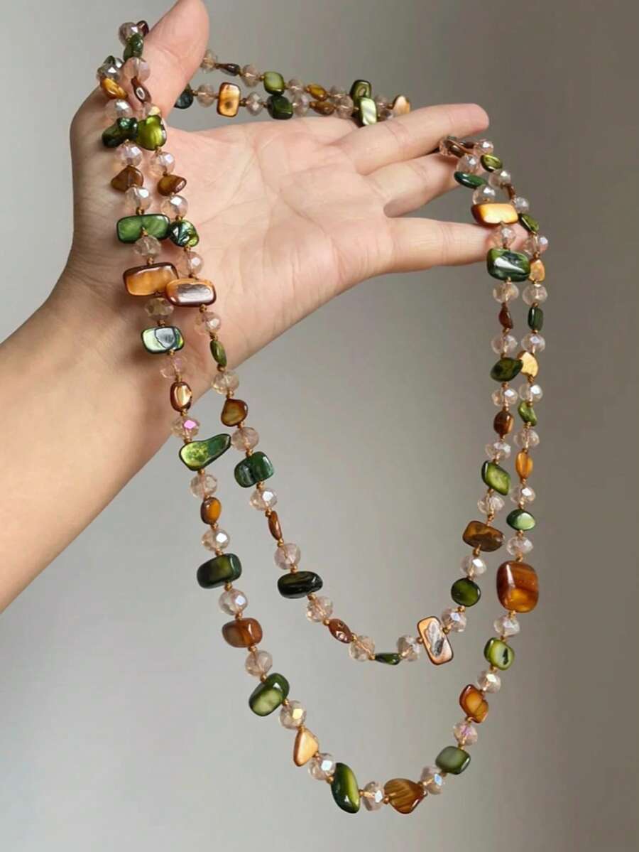1pc Women's Vintage Necklace, Bohemian Colorful Shell Beaded Double Layer Necklace, Retro Luxury Festival Long Necklace, Stackable, Random Stone And Bead Colors, Random Stone Shapes - Multicolor - View 1