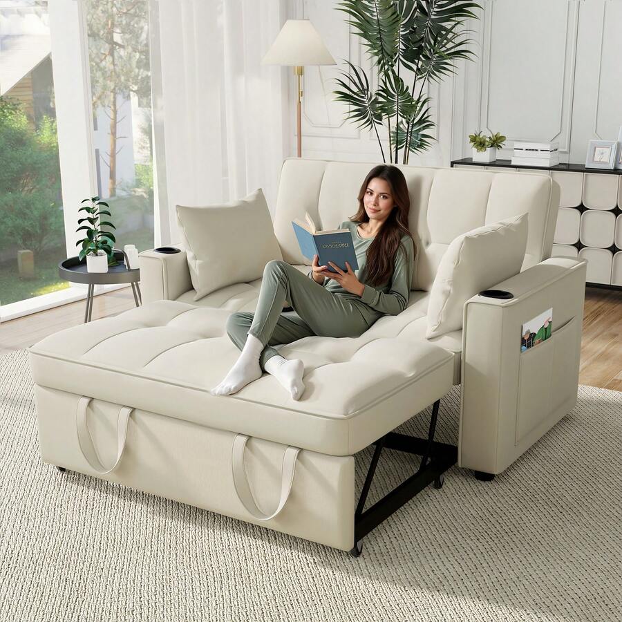 Foldable Sofa Bed, Multifunctional Sofa With Sleeping Function, Sofa Bed With Cup Holder And Cushions, Suitable For Living Room, Bedroom, Home Theater Apartment