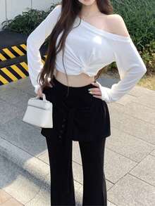 ملابس علوية قصيرة للنساء بياقة غير متماثلة، تفاصيل ملتوية، أكمام طويلة - أبيض - مشاهدة 3