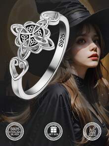 1枚S925纯银十字架凯尔特心形女巫结戒指，日常佩戴百搭，派对吸睛，信仰象征，幸运符，男女皆宜，生日/情人节礼物，附赠礼盒 - 十字架凱爾特愛心女巫結 - 查看 2