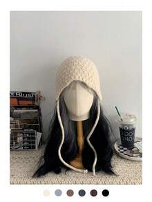 1 件纯色秋冬新款针织帽，女士系带小脸保暖针织混纺无檐帽，简约时尚可爱耳暖百搭渔夫帽