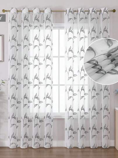 1 stuk transparant gordijnpaneel, semi-transparant decoratief imitatielinnen gordijn in boerderijstijl met borduursel van wijnranken en bladeren, geschikt voor thuis, keuken, woonkamer en slaapkamer