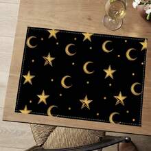 1pc/Set Linen Placemat With Star & Moon Design, Black & White, Seasonal Kitchen Dining Table Decor, Home Decor, Suitable For Party, Gathering, Family Meal - Multicolor - View 7