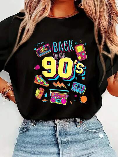 100% Cotton Back To The 90s Retro Pattern T-Shirt Round Neck Short Sleeve Streetwear Breathable Homme Soft Unisex Fashion Shirts