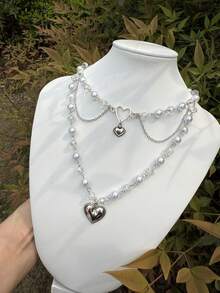CVNANA 1pc Adorable Multi-Layer Faux Pearl Choker With Silvery Heart Accent - Perfect Birthday Gift, Y2K Accessory For Daily Wear And Special Occasions Valentines,Mom,Mother,Mother's Day,Gift