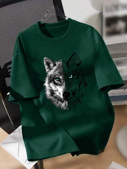 Teenage Boys Geometric Wolf Head Print T-Shirt, Creative Half Wolf Half Geometric Pattern, Casual Loose Short Sleeve T-Shirt, Boys Daily Wear Top, Street Style, Suitable For Spring And Summer